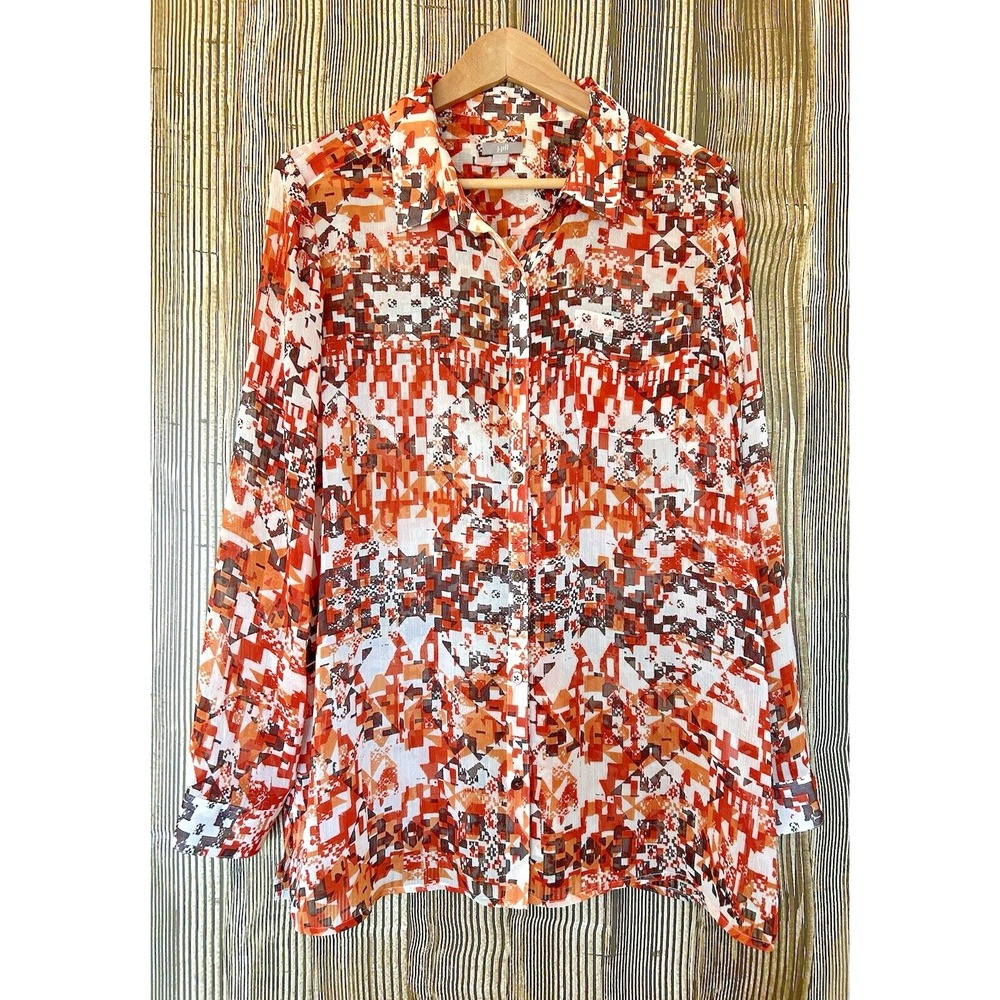 J. Jill Orange Artsy Aztec Sheer Long Sleeve Button‎ Up Shirt Size L Festival